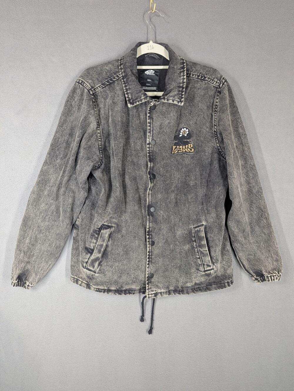 Vans Jean Jacket Mens Small Gray Denim Flower Patch Skater Grunge Punk